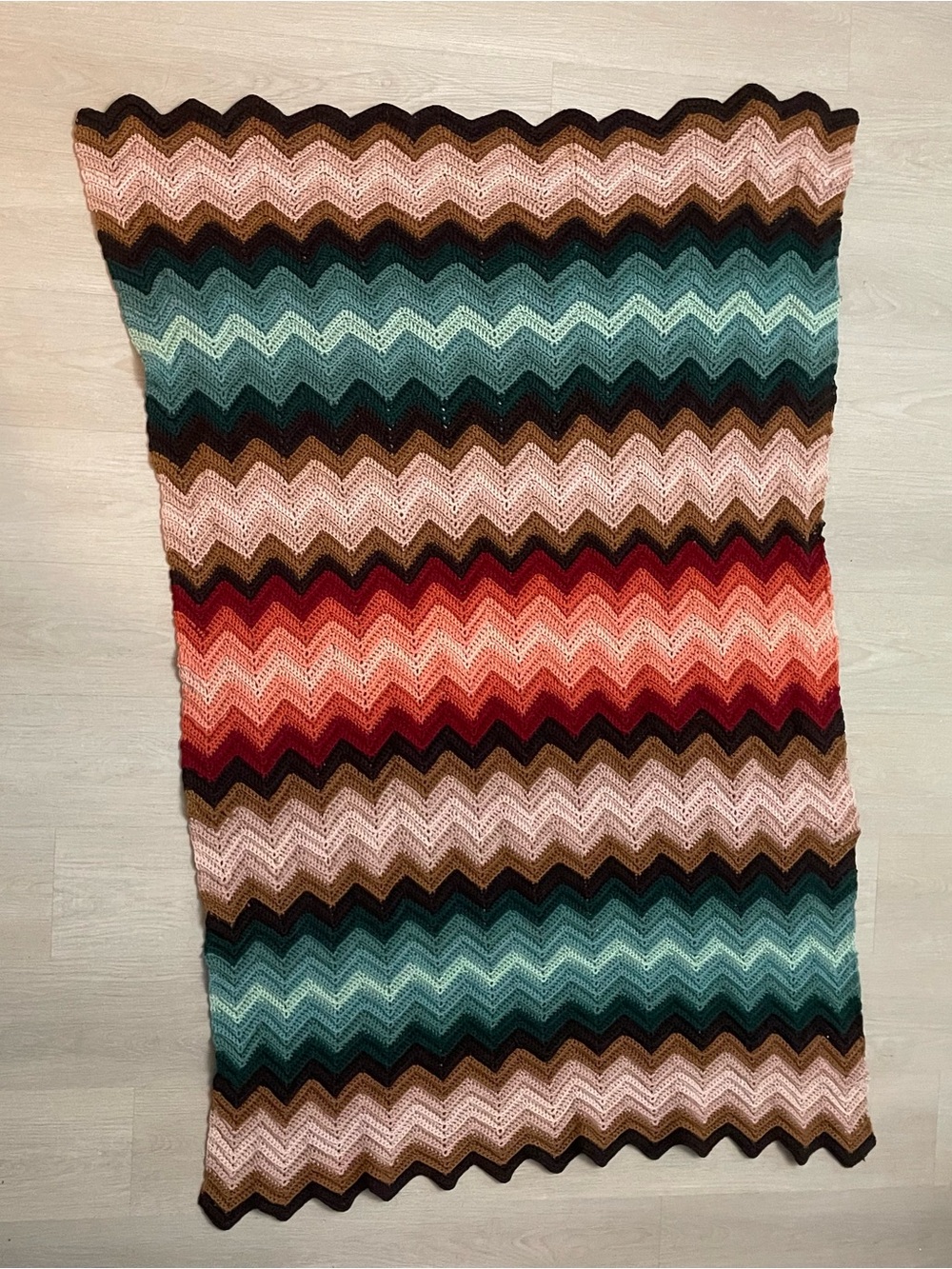 1970 Handmade Crochet Chevron Afghan Throw Blanket in Earth Tones Wool 40 x 60